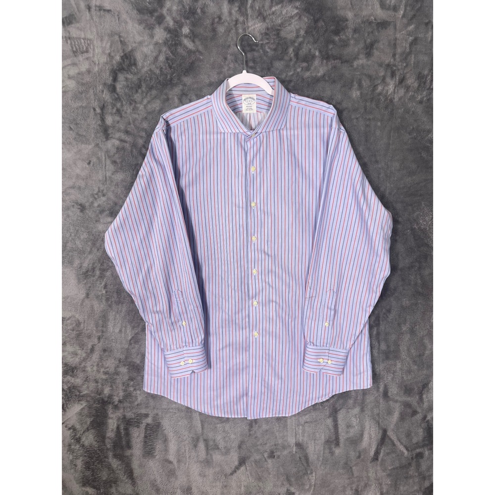 Brooks Brothers 1818 Regent Non-Iron Dress Shirt Blue Red Stripe 17-4/5 Mens